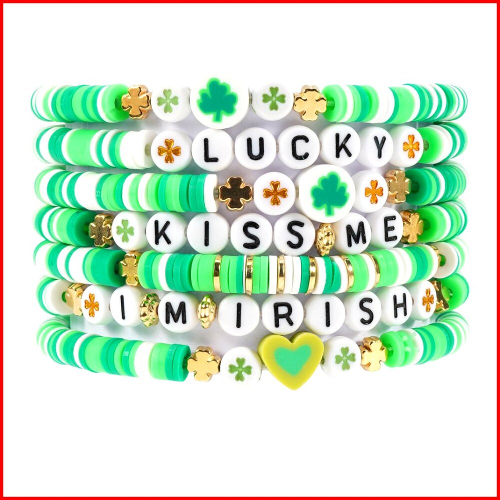 Stretch Shamrock Charm Bracelet Set, Polymer Clay Beads, 7.1 Inch